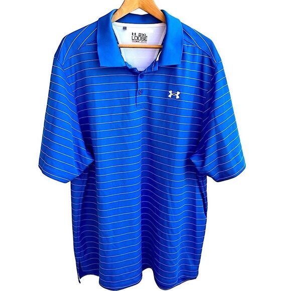 Under Armour Royal Blue Striped HeatGear Polo Shirt 2XL - Picture 3 of 11